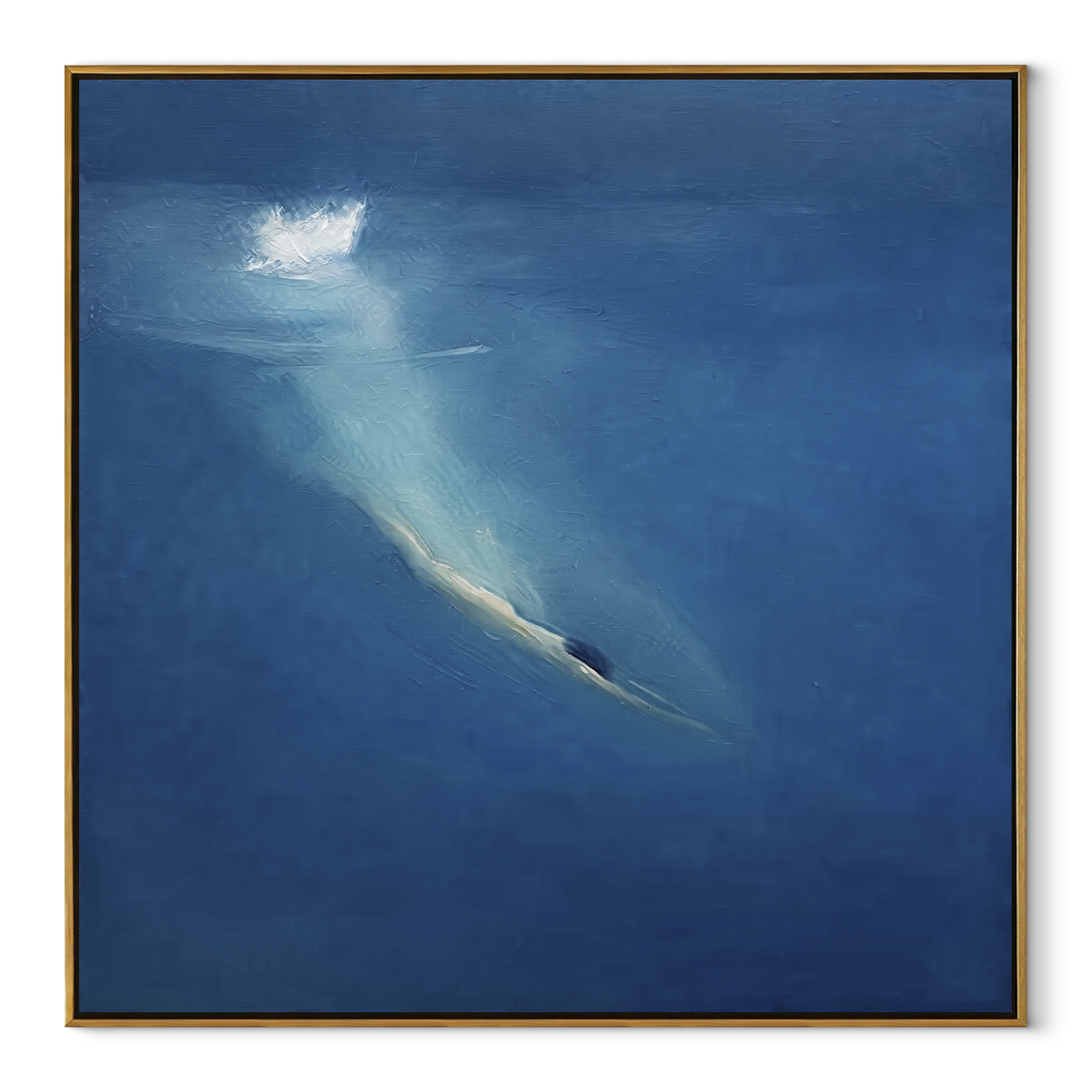 Azure Slate Swimmers Rhythm Distance - textured swimmer painting in a wood frame on white