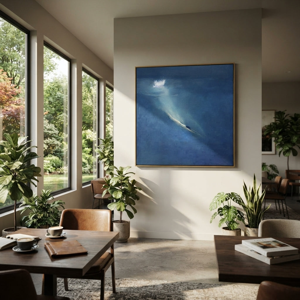 Azure Slate Swimmers Rhythm Distance - textured swimmer painting shown in modern room setting 3