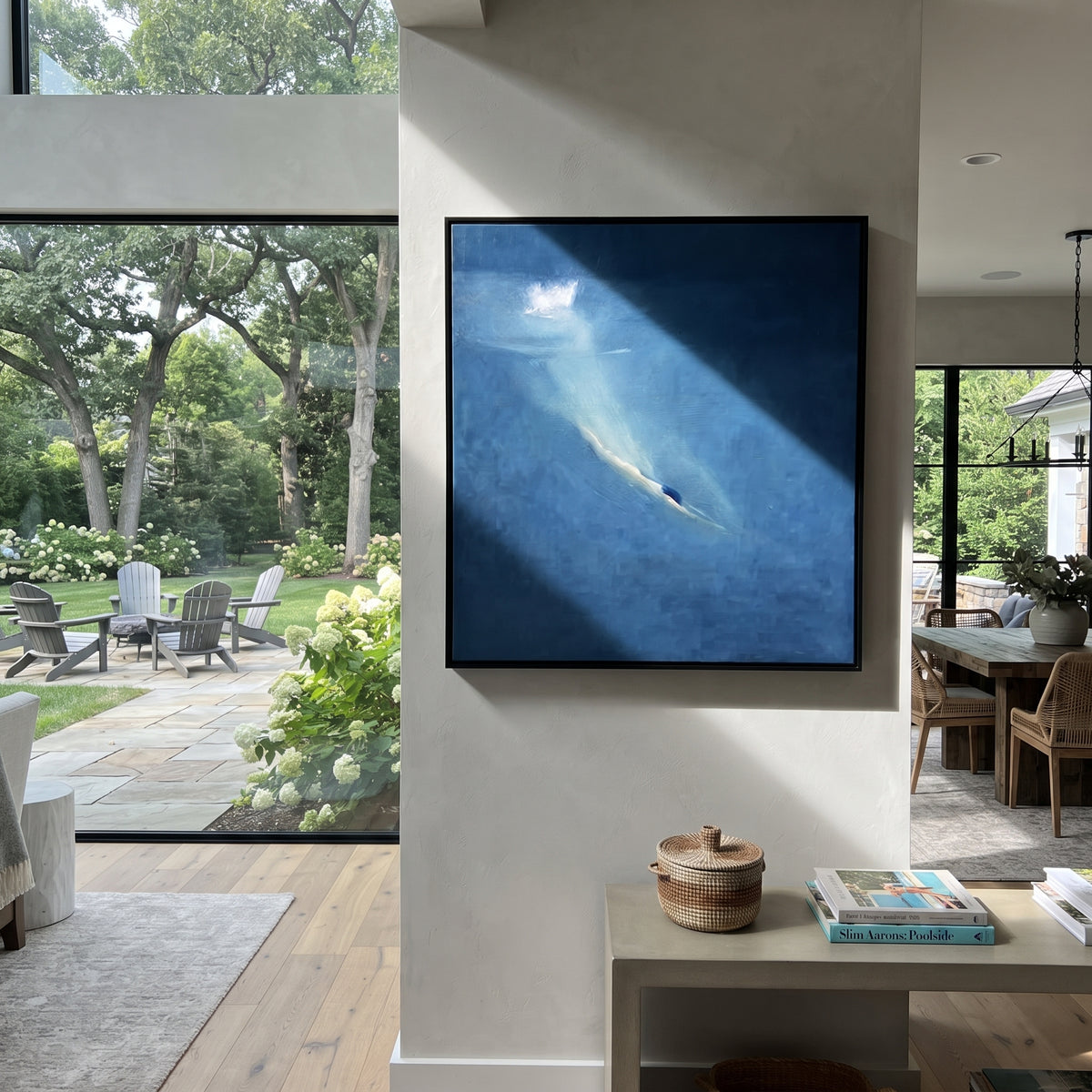 Azure Slate Swimmers Rhythm Distance - textured swimmer painting shown in modern room setting 5