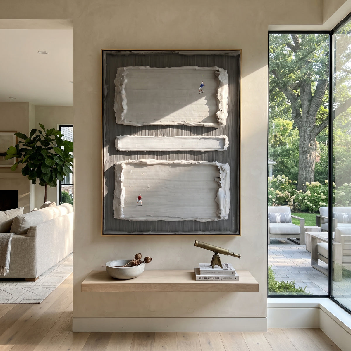 Slate Onyx Linen Relief Light - textured abstract painting shown in modern room setting 2