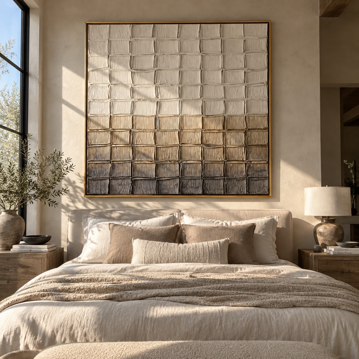 Slate Linen Umber Strata Tension - textured abstract painting shown in modern room setting 2