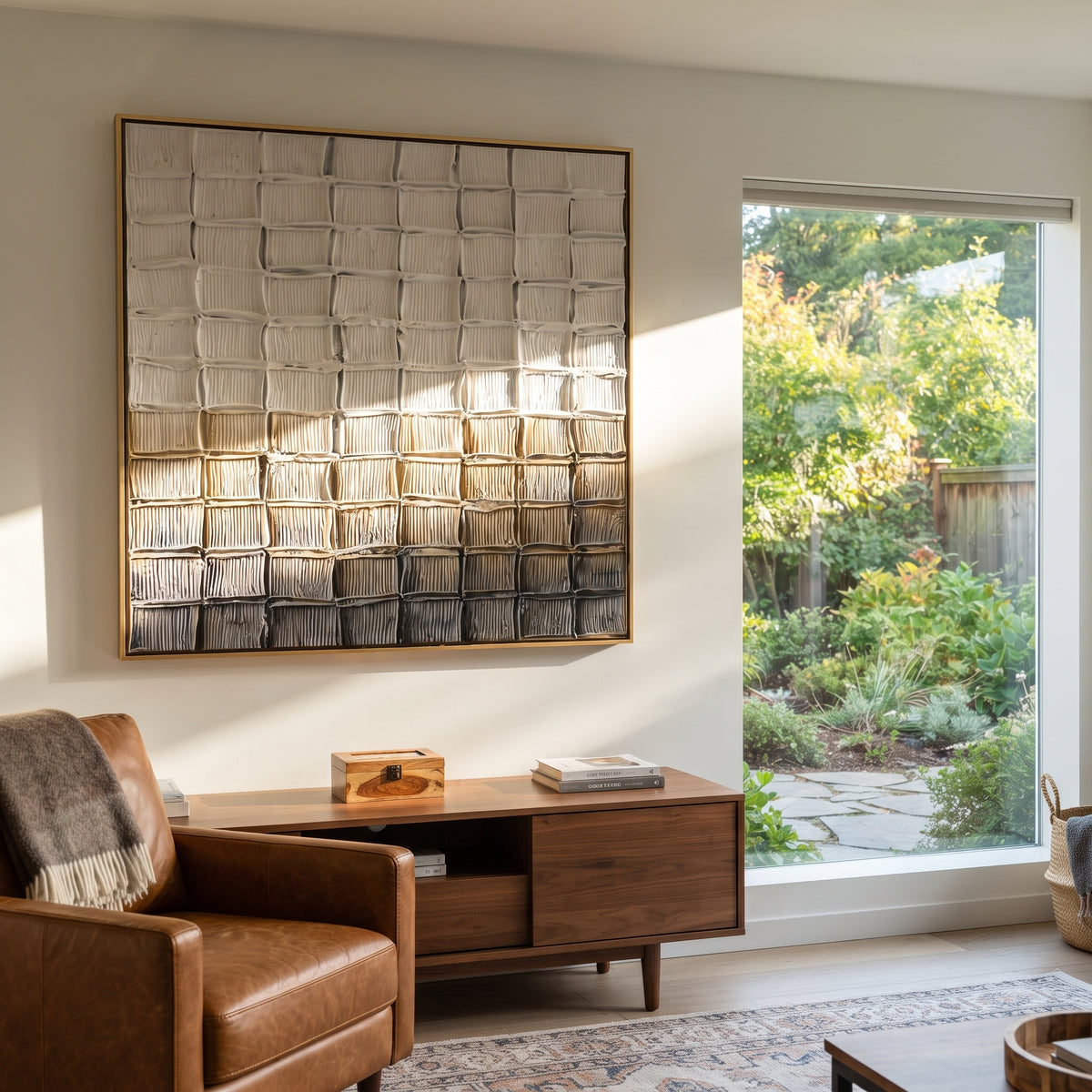 Slate Linen Umber Strata Tension - textured abstract painting shown in modern room setting 4