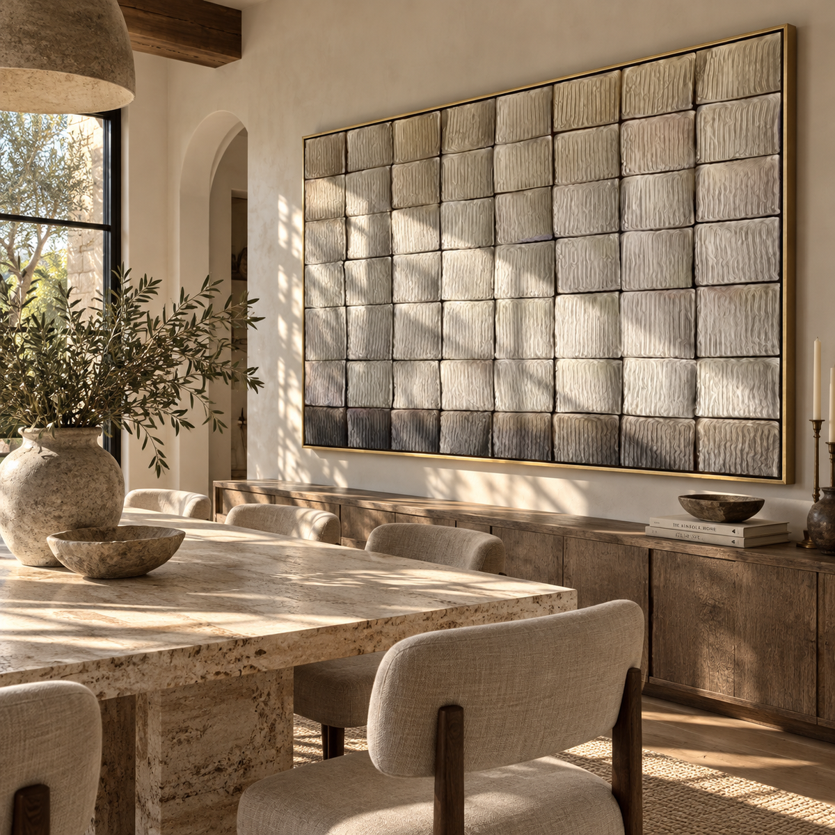 Slate Umber Linen Terraces Space - textured abstract painting displayed in a styled interior