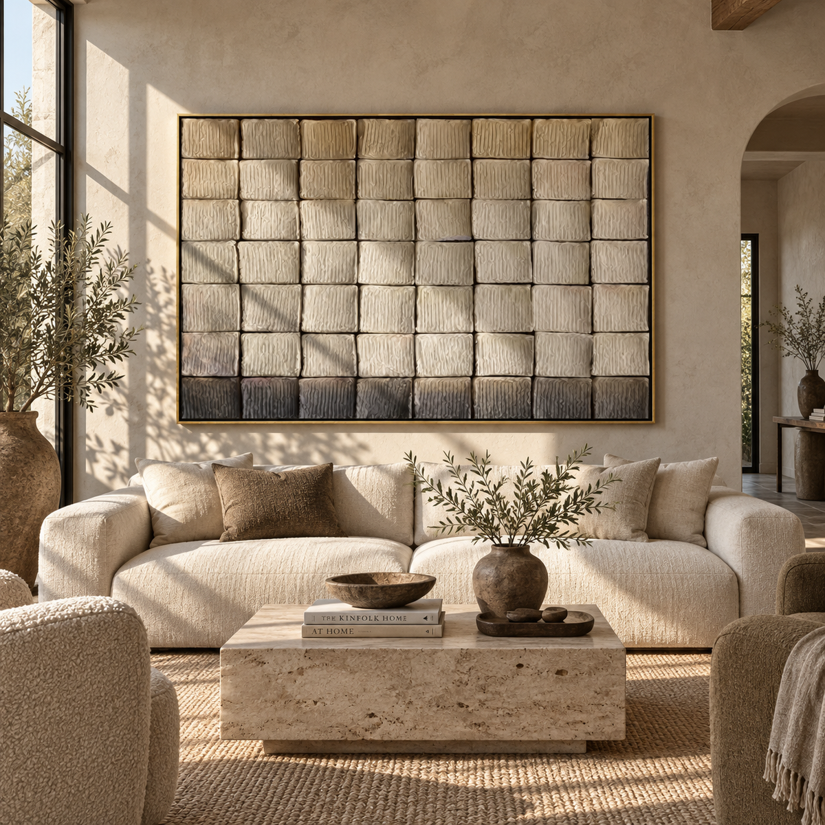 Slate Umber Linen Terraces Space - textured abstract painting shown in modern room setting 2