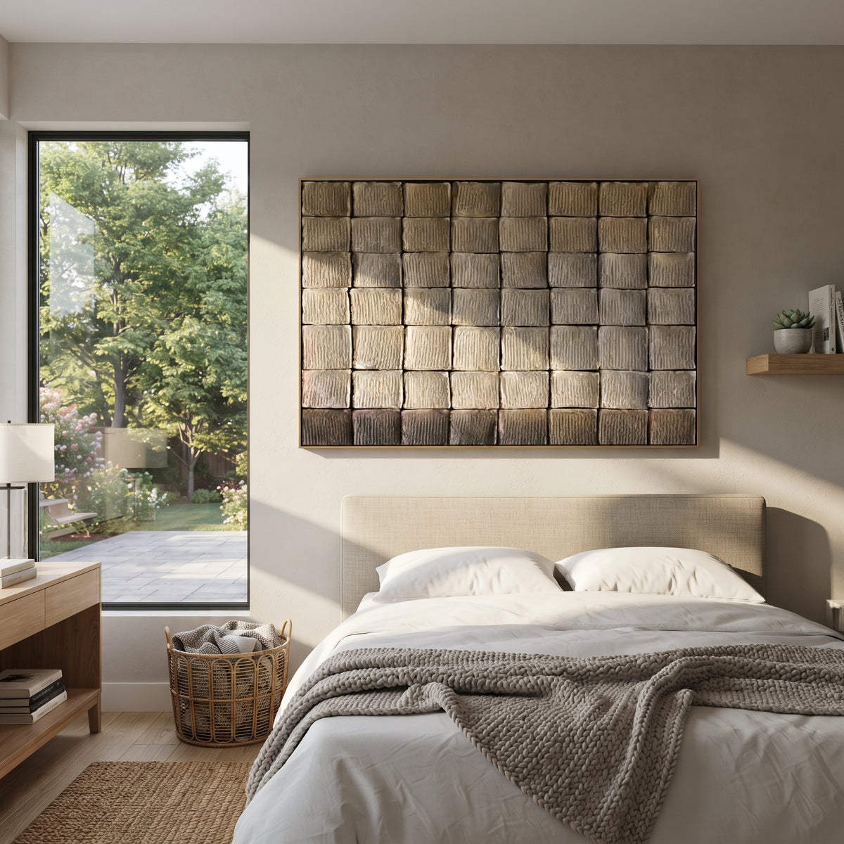 Slate Umber Linen Terraces Space - textured abstract painting shown in modern room setting 4