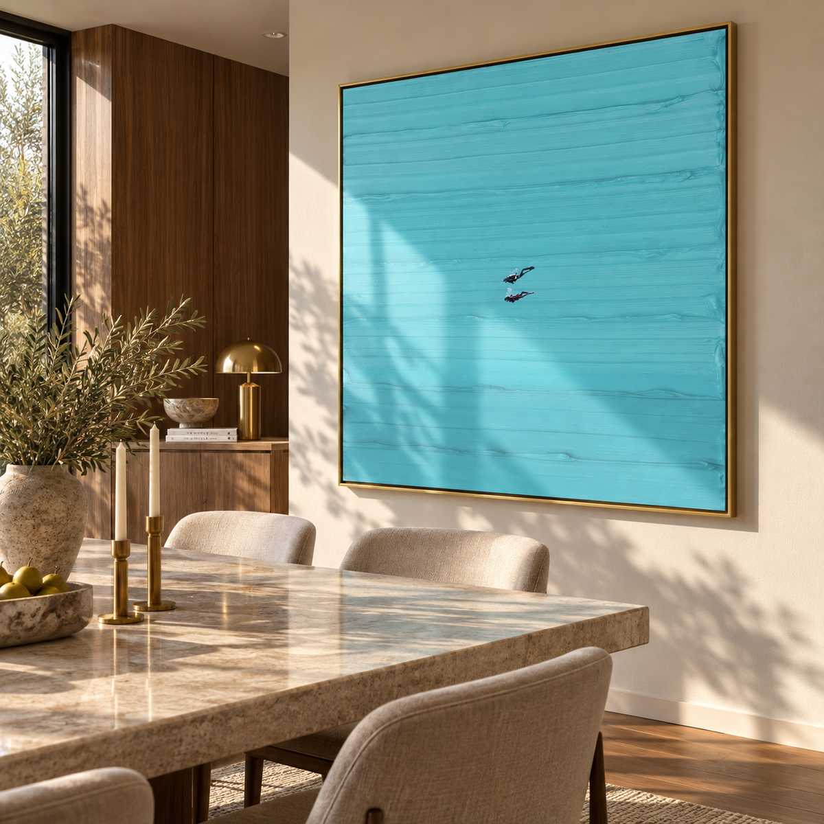 Azure Violet Swimmers Horizon Quiet - textured swimmer painting displayed in a styled interior