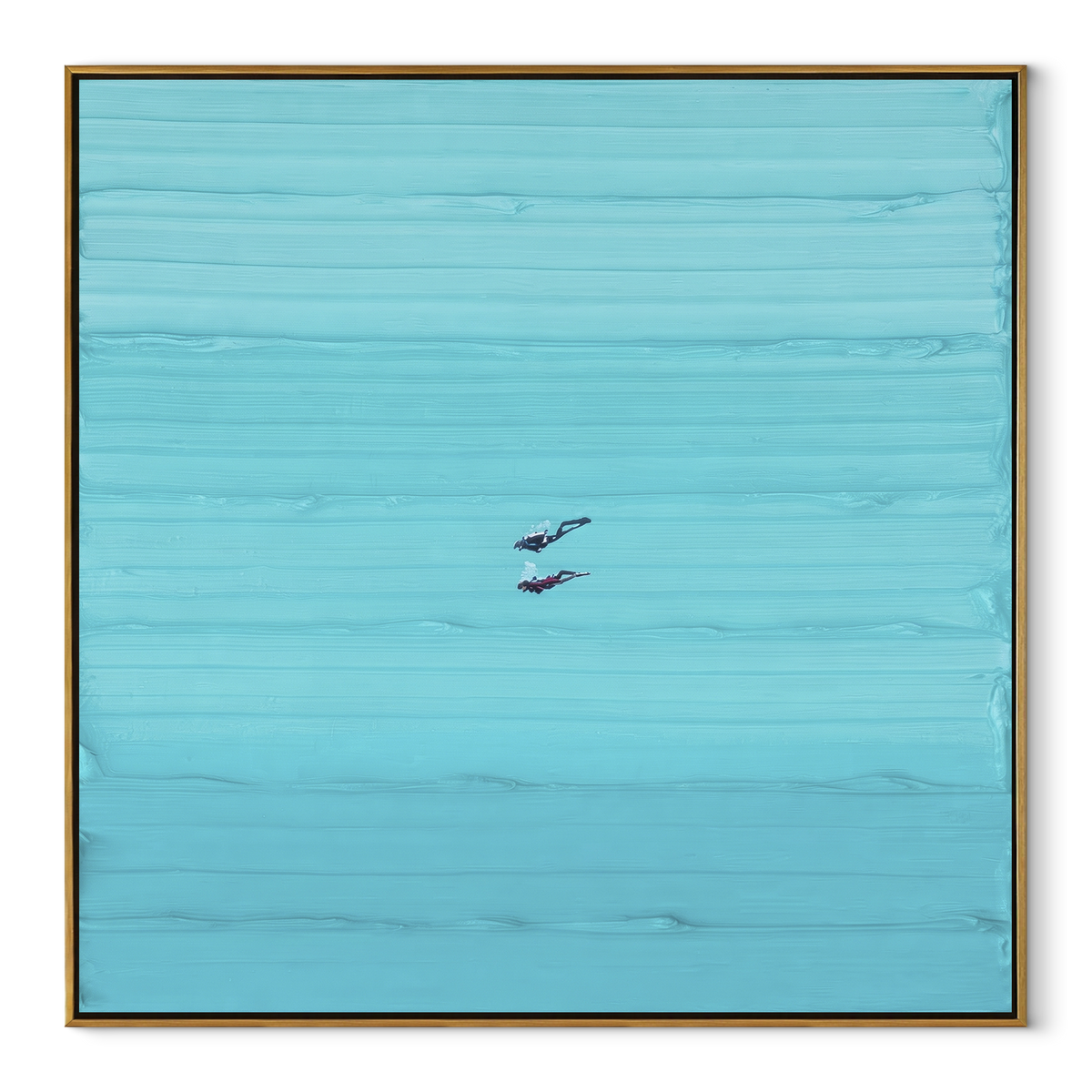 Azure Violet Swimmers Horizon Quiet - textured swimmer painting in a wood frame on white