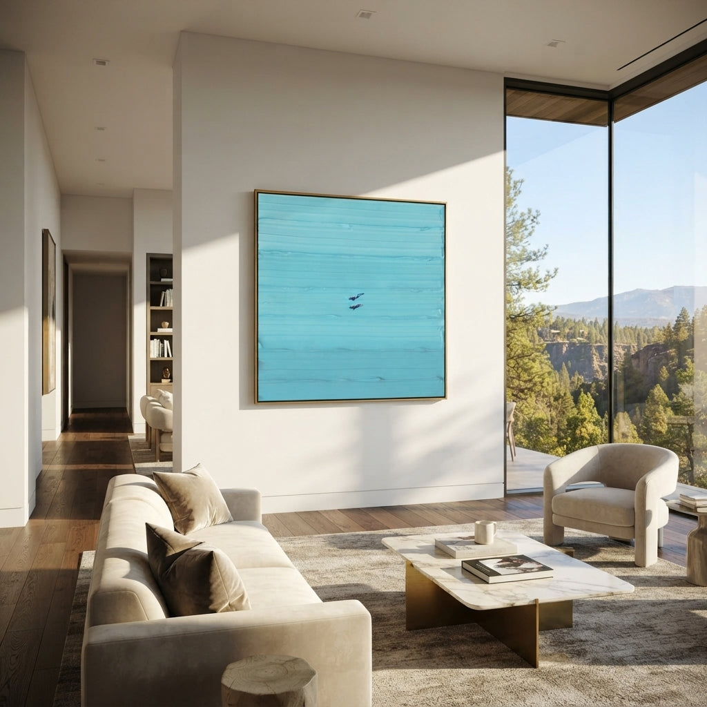 Azure Violet Swimmers Horizon Quiet - textured swimmer painting shown in modern room setting 4