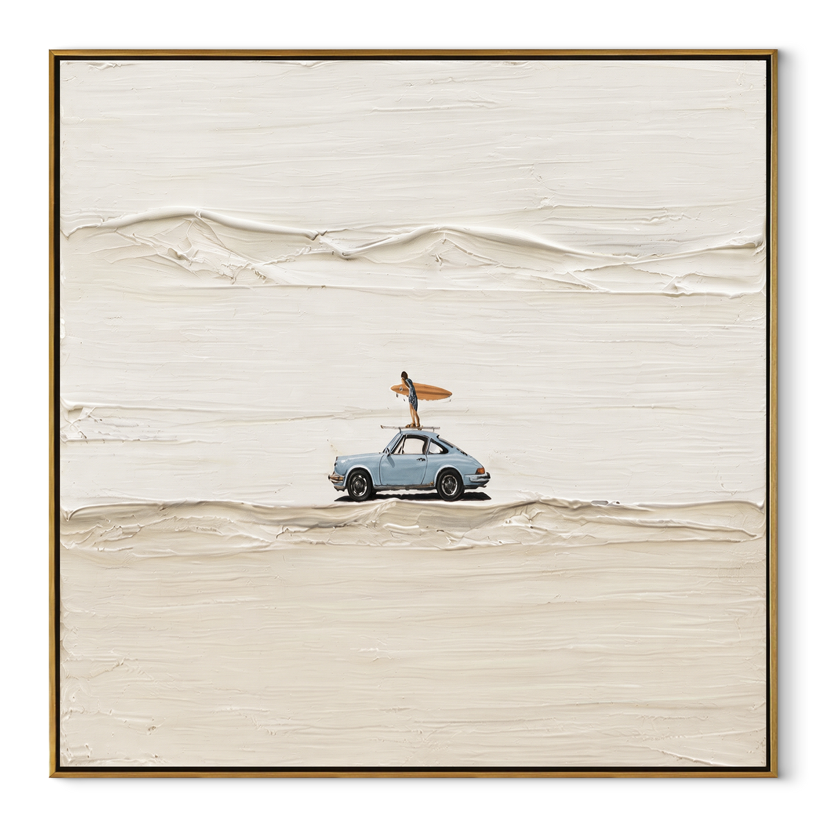 Slate Linen Road Fragments Form - textured car painting in a wood frame on white