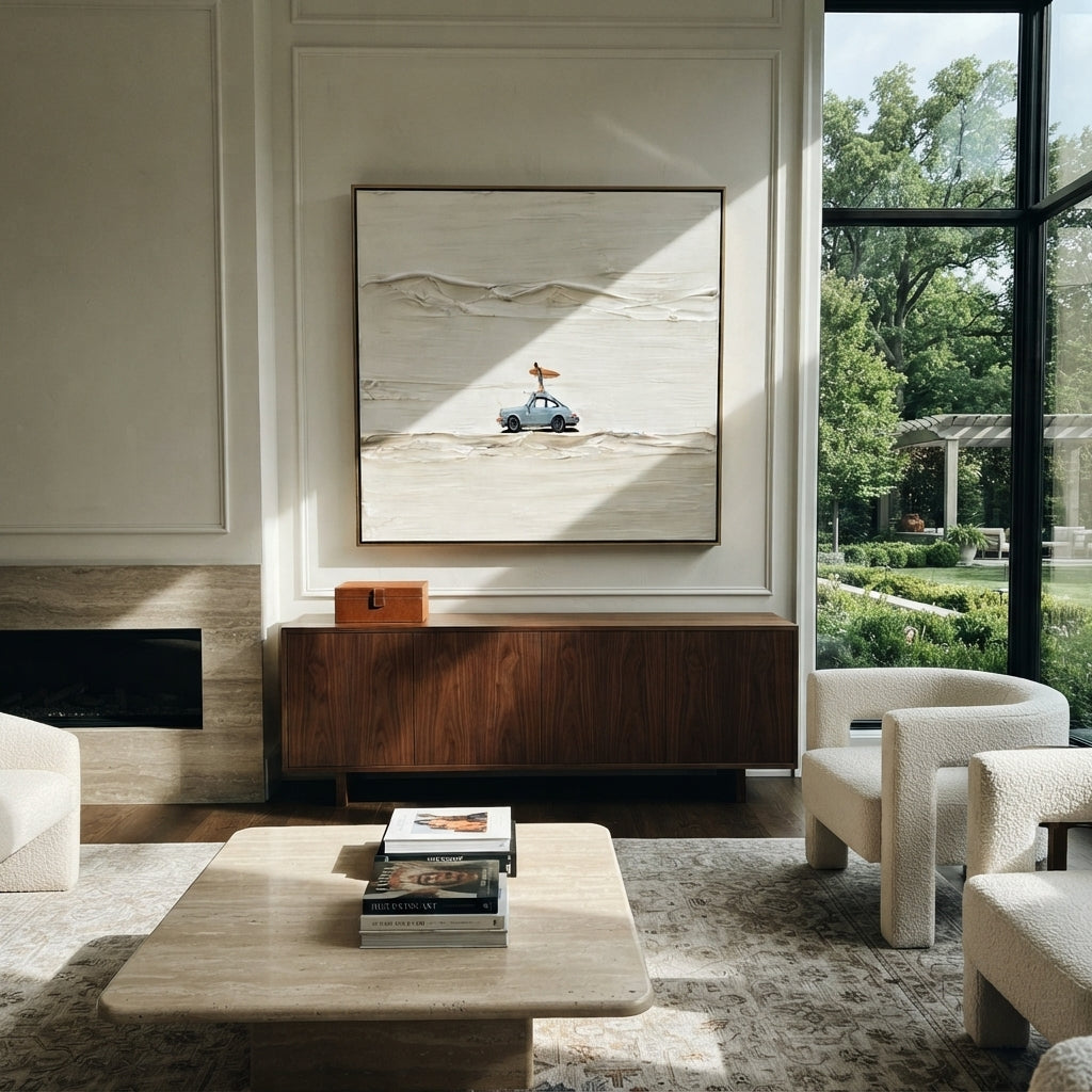 Slate Linen Road Fragments Form - textured car painting shown in modern room setting 2