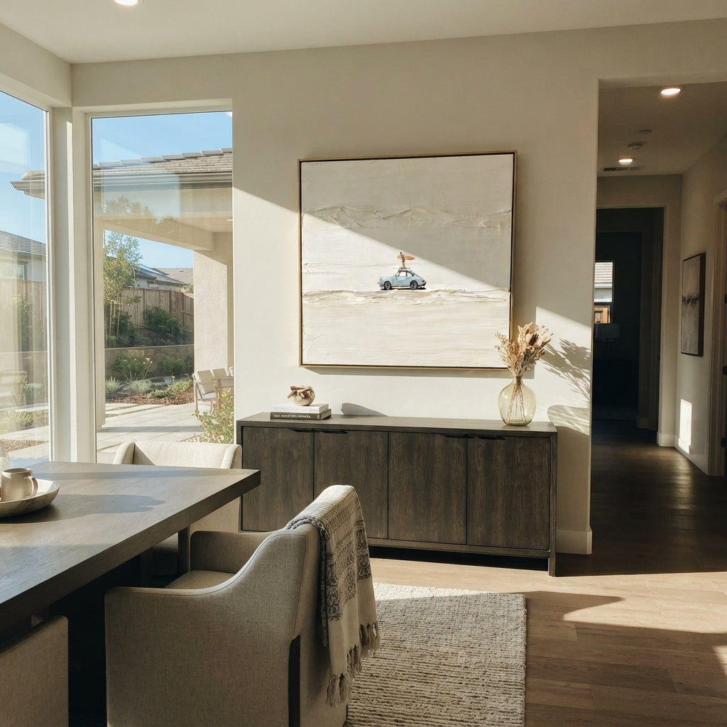 Slate Linen Road Fragments Form - textured car painting shown in modern room setting 5