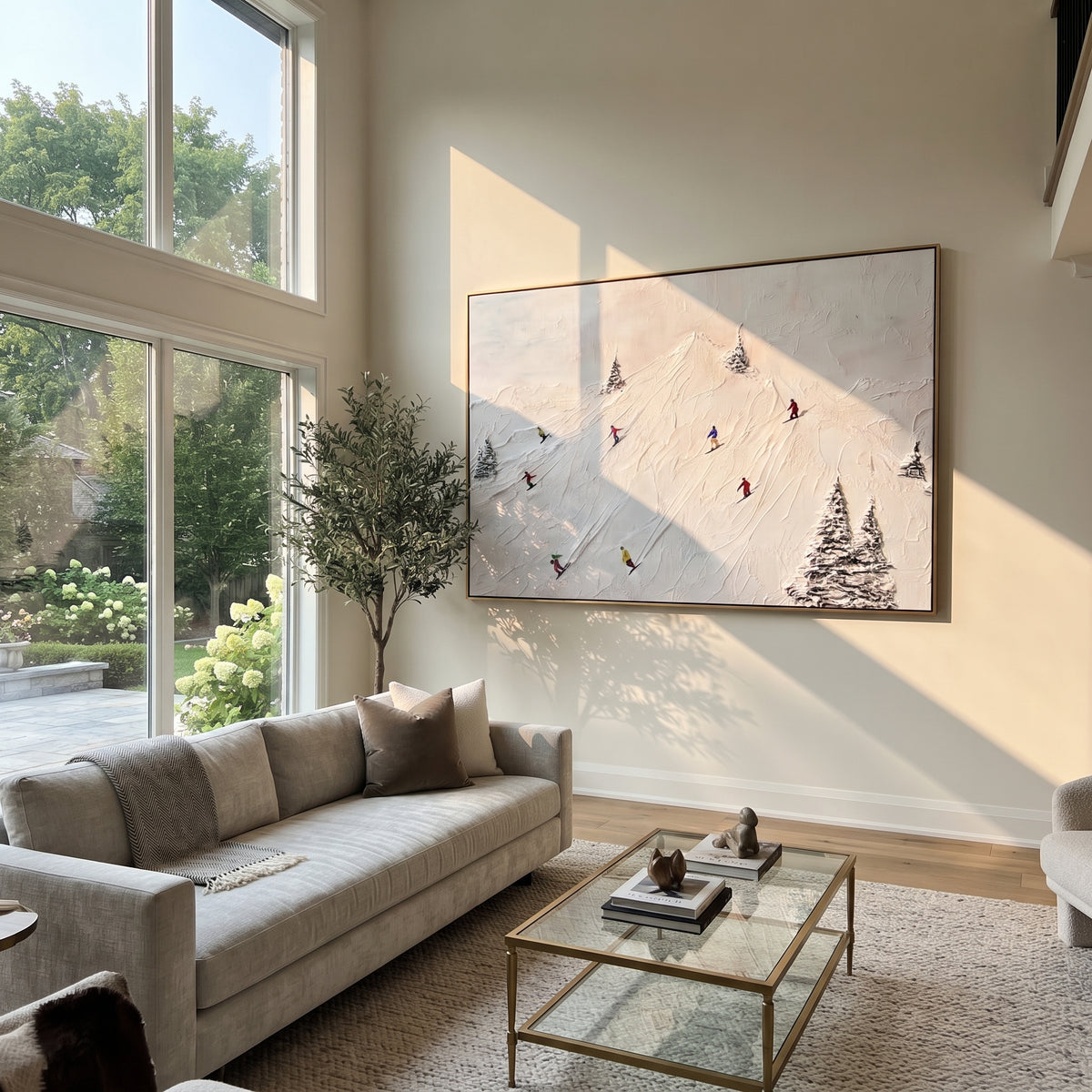 Ivory Slate Skiers Passage Depth - textured skiing painting displayed in a styled interior
