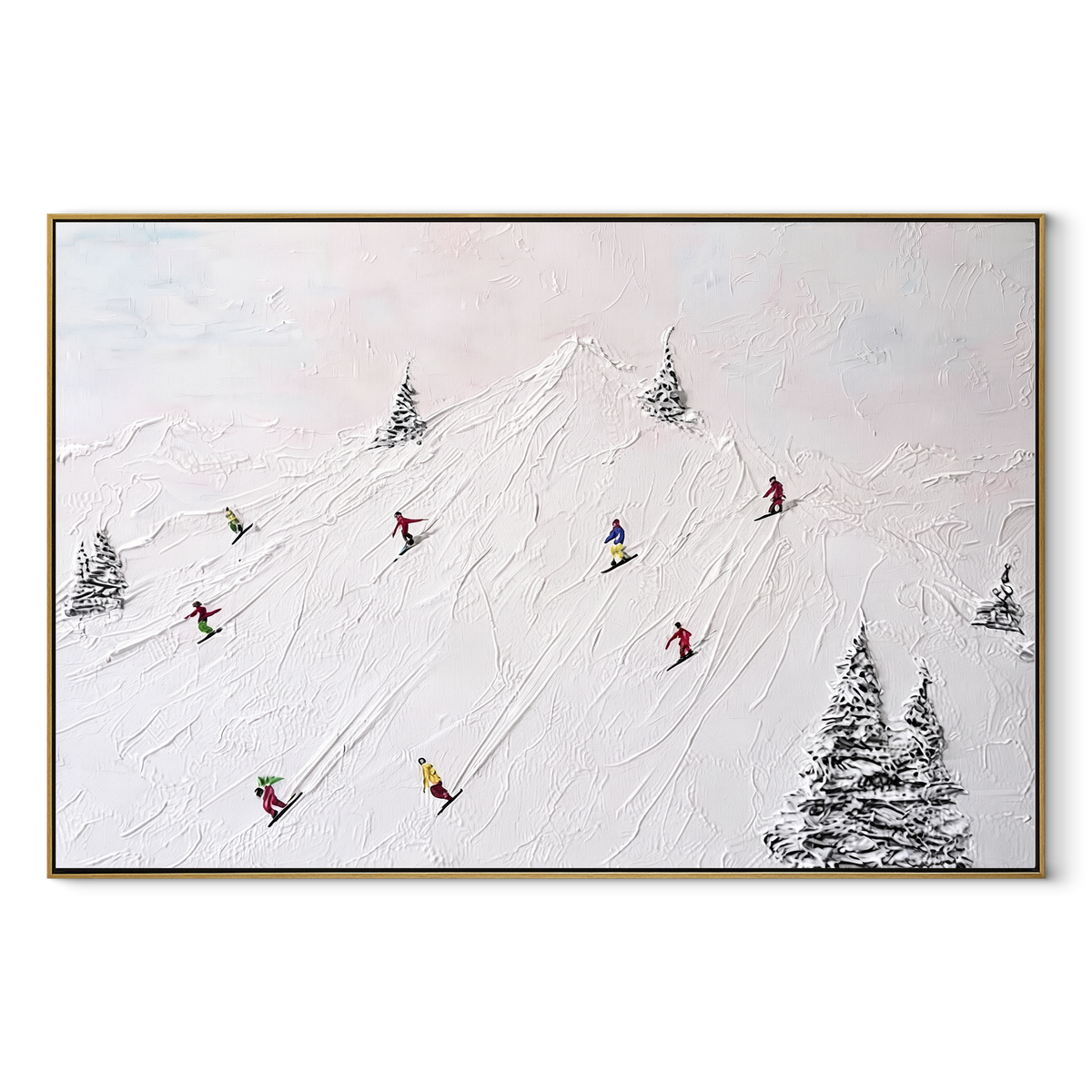Ivory Slate Skiers Passage Depth - textured skiing painting in a wood frame on white