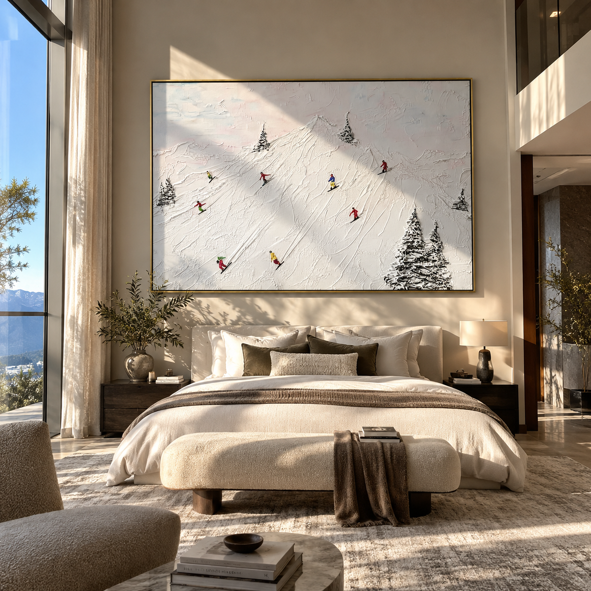 Ivory Slate Skiers Passage Depth - textured skiing painting shown in modern room setting 3