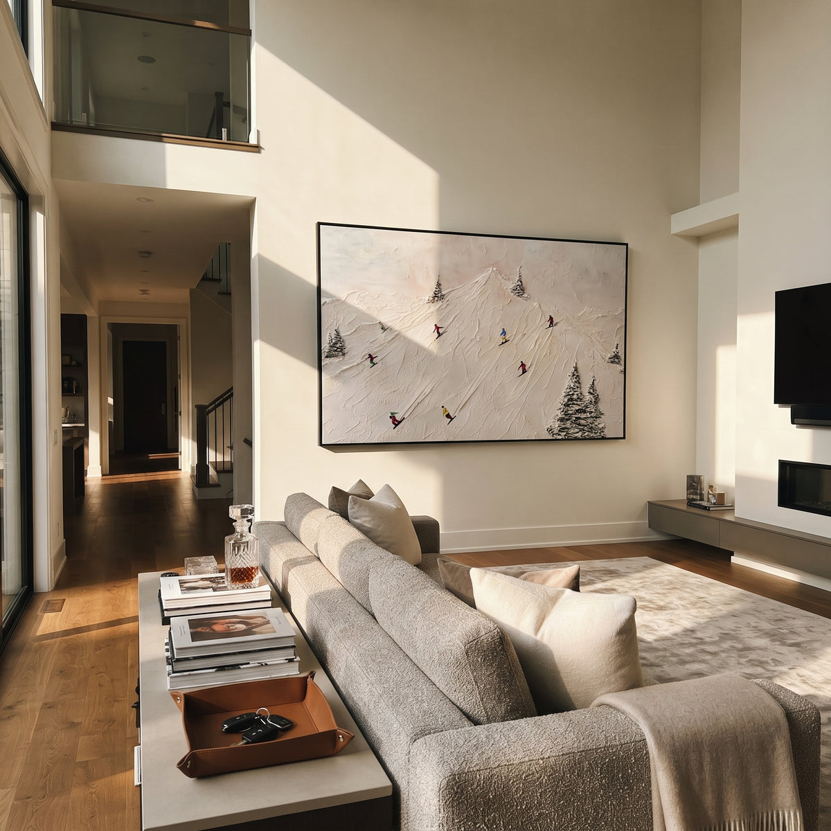 Ivory Slate Skiers Passage Depth - textured skiing painting shown in modern room setting 4