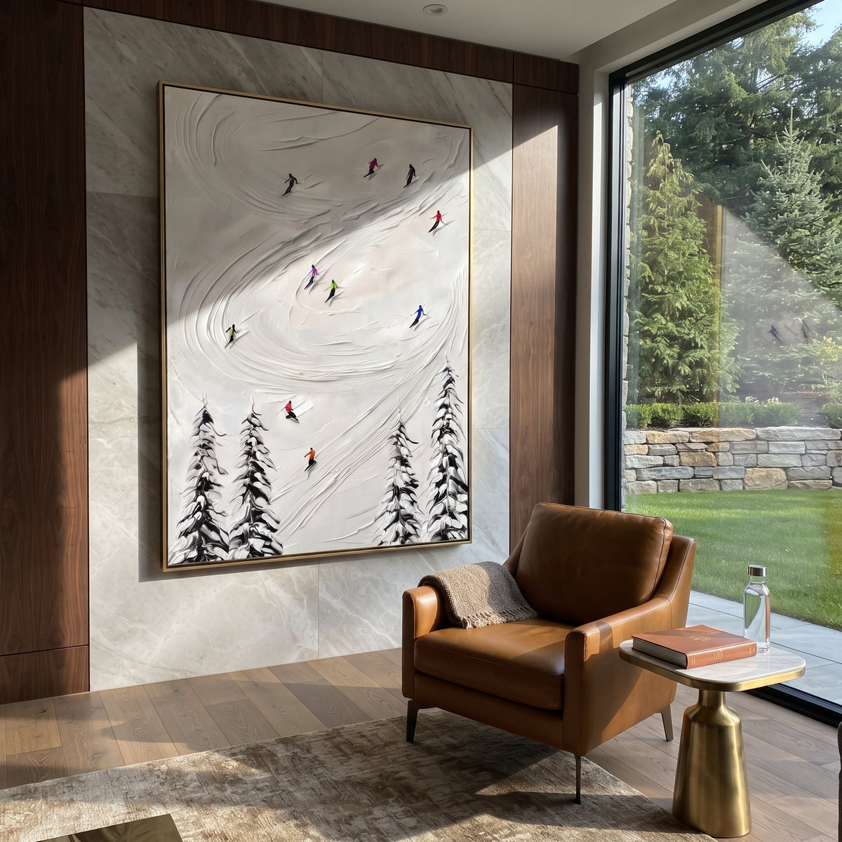 Slate Onyx Skiers Tides Silence - textured skiing painting displayed in a styled interior