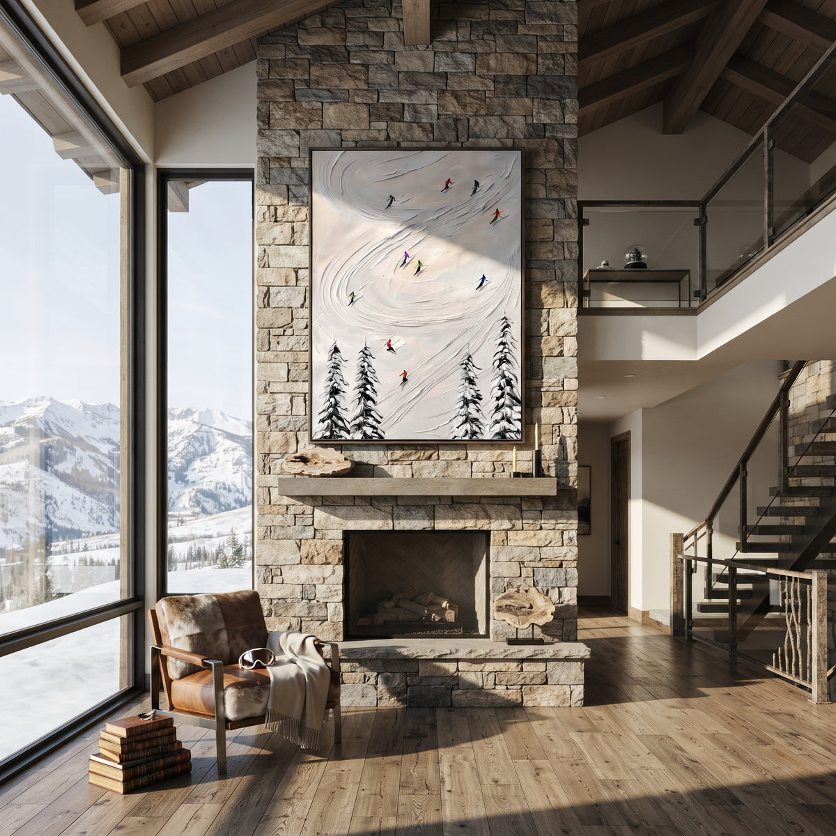 Slate Onyx Skiers Tides Silence - textured skiing painting shown in modern room setting 2
