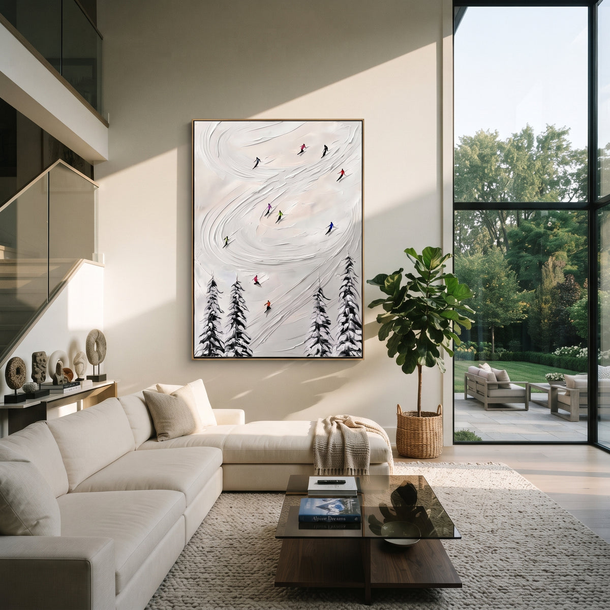 Slate Onyx Skiers Tides Silence - textured skiing painting shown in modern room setting 4
