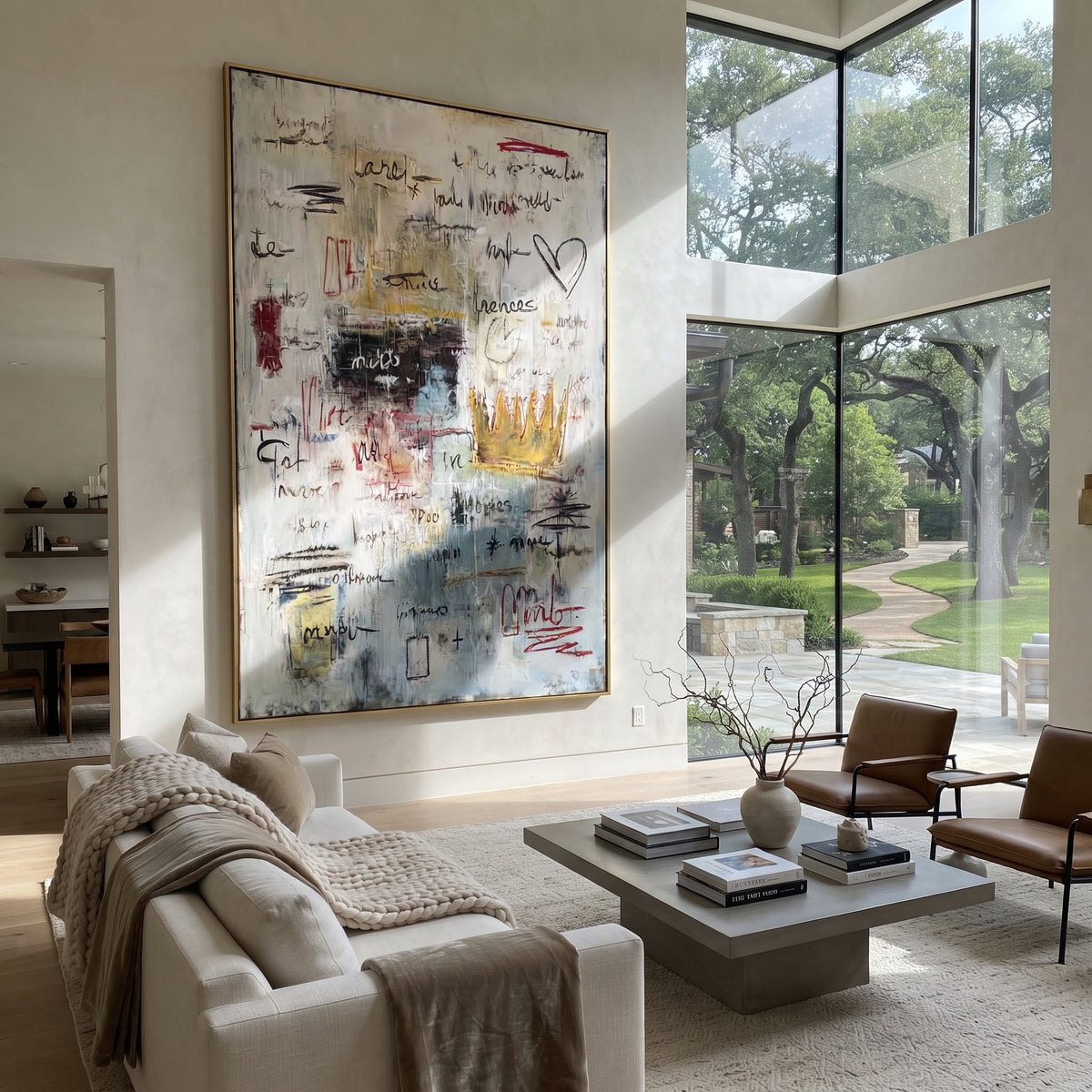 Slate Linen Letters Currents Pause - textured graffiti painting displayed in a styled interior