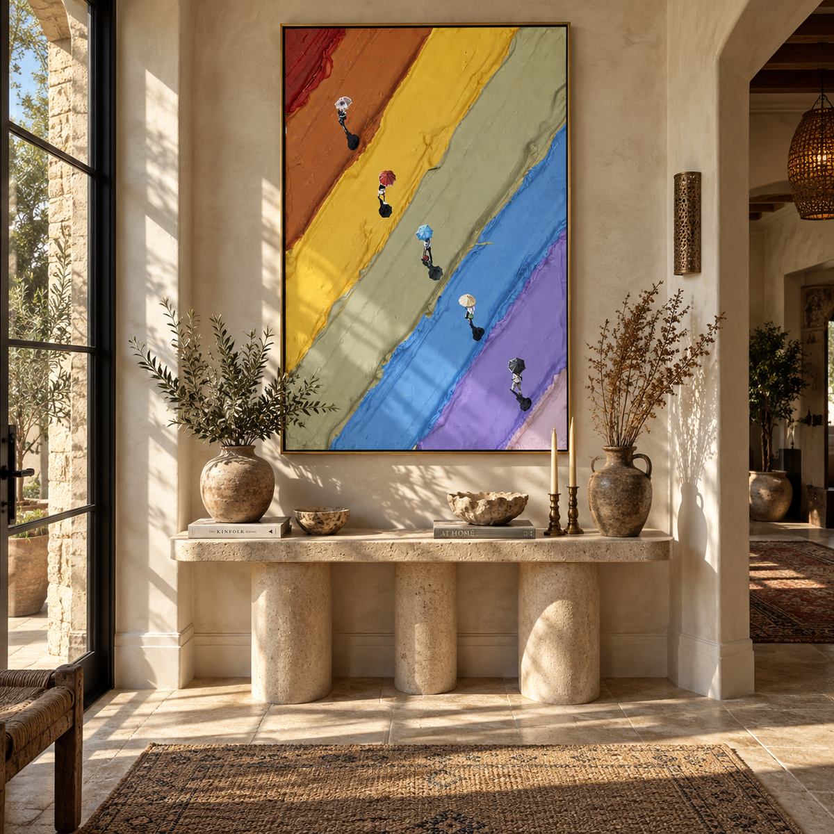 Azure Ochre Figures Layers Balance - textured figurative painting shown in modern room setting 2