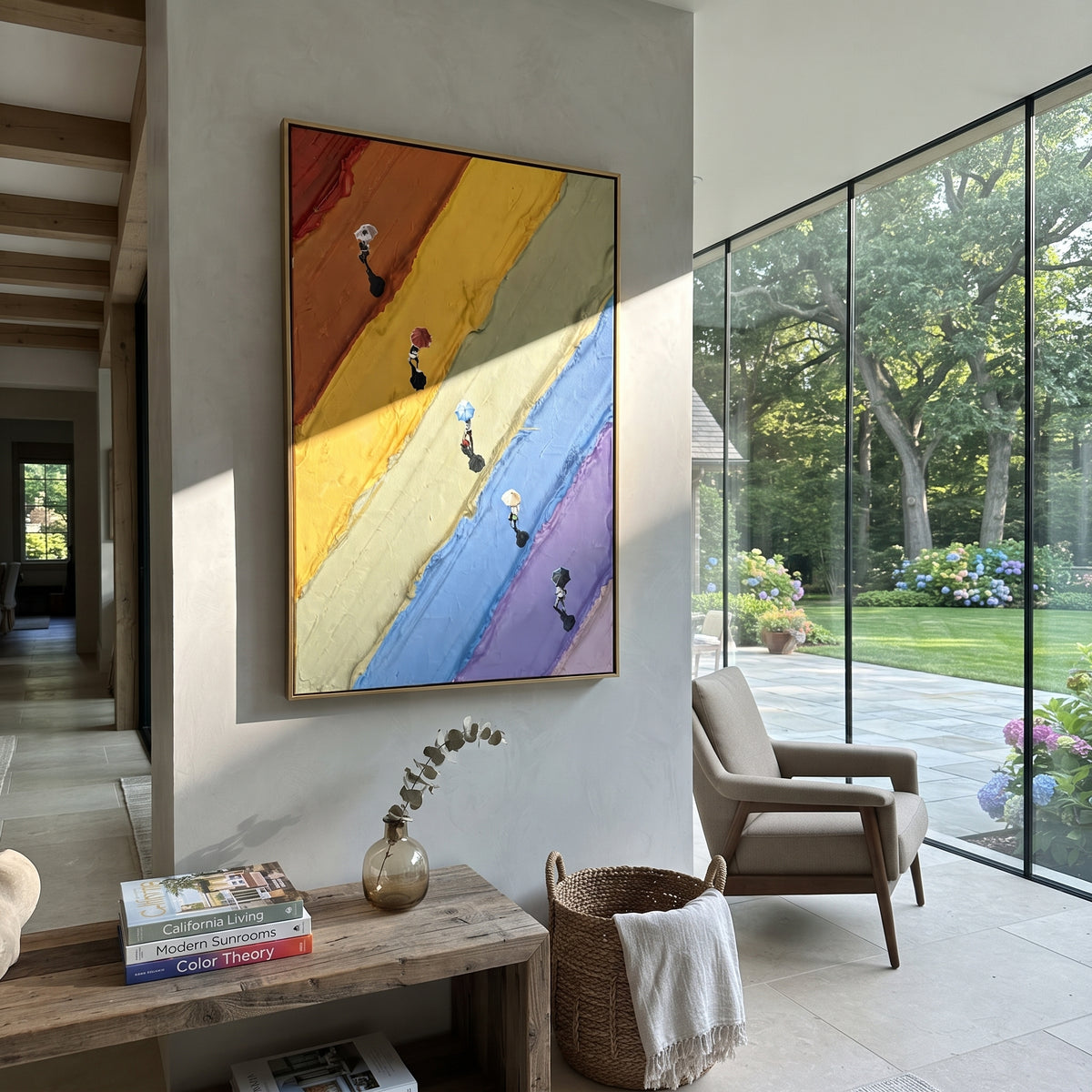 Azure Ochre Figures Layers Balance - textured figurative painting shown in modern room setting 3