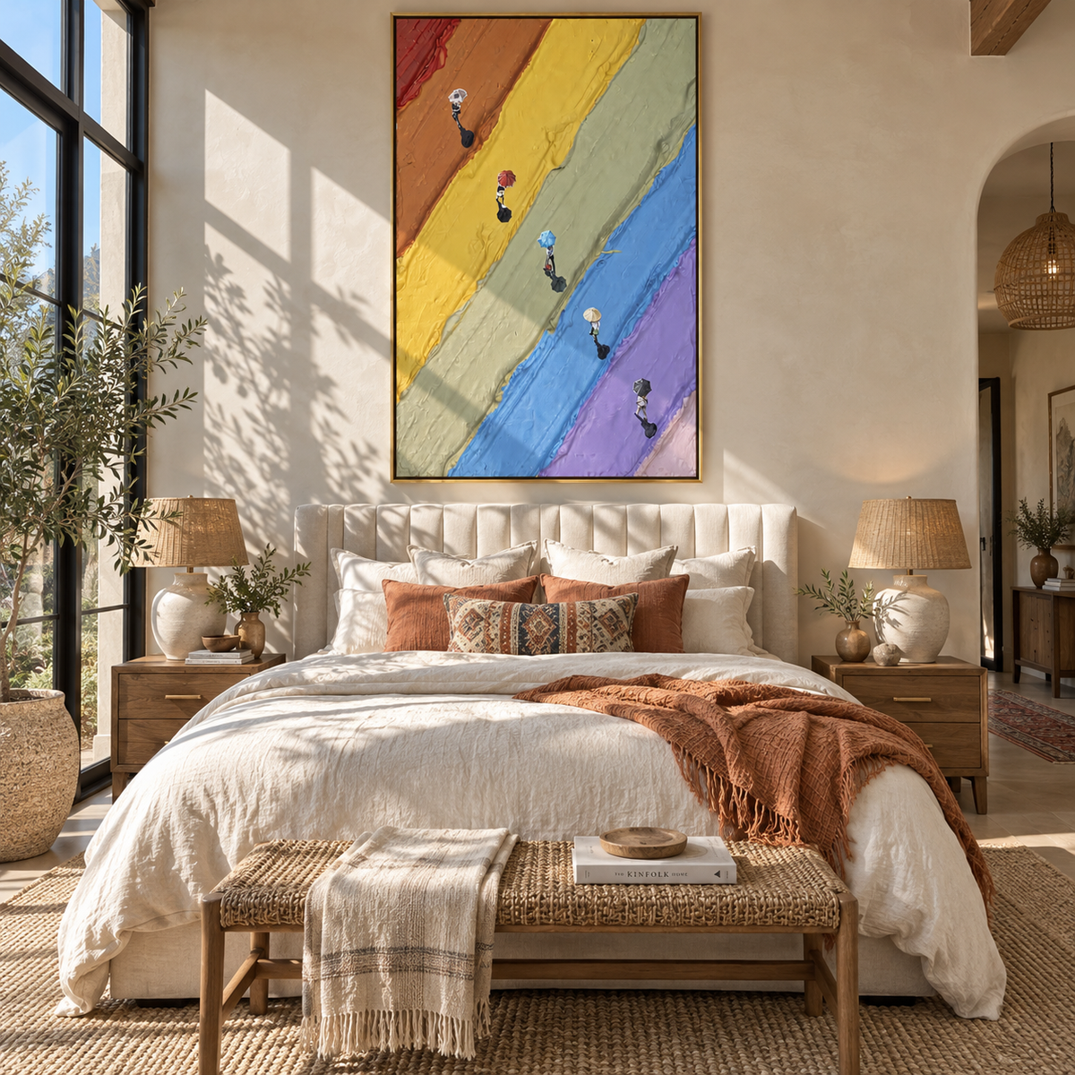 Azure Ochre Figures Layers Balance - textured figurative painting shown in modern room setting 5
