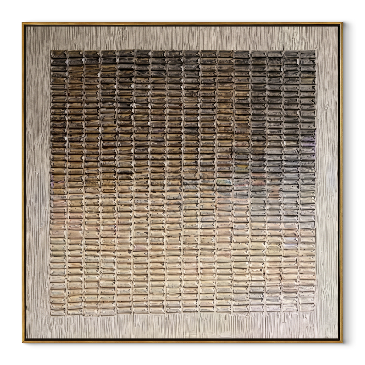 Linen Umber Slate Balance Resonance - textured abstract painting in a wood frame on white