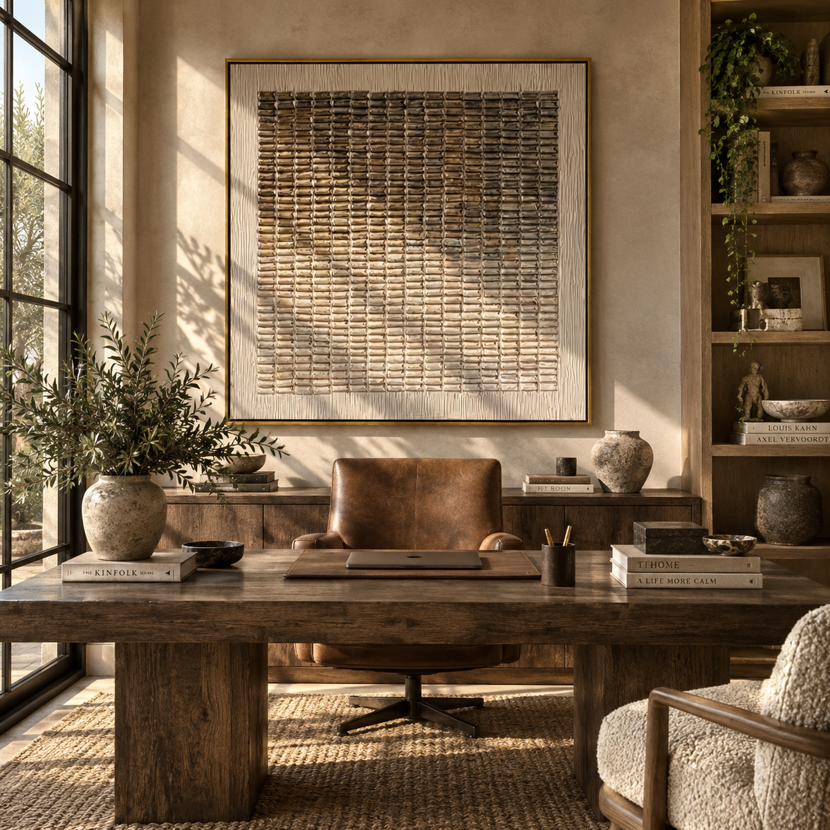 Linen Umber Slate Balance Resonance - textured abstract painting shown in modern room setting 3