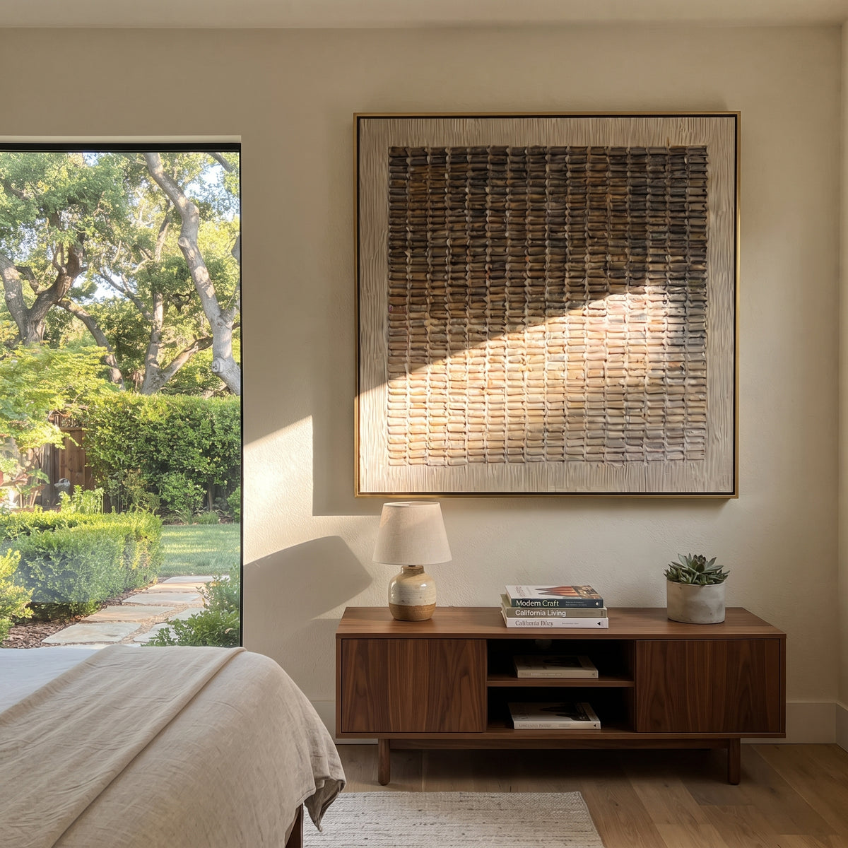 Linen Umber Slate Balance Resonance - textured abstract painting shown in modern room setting 4