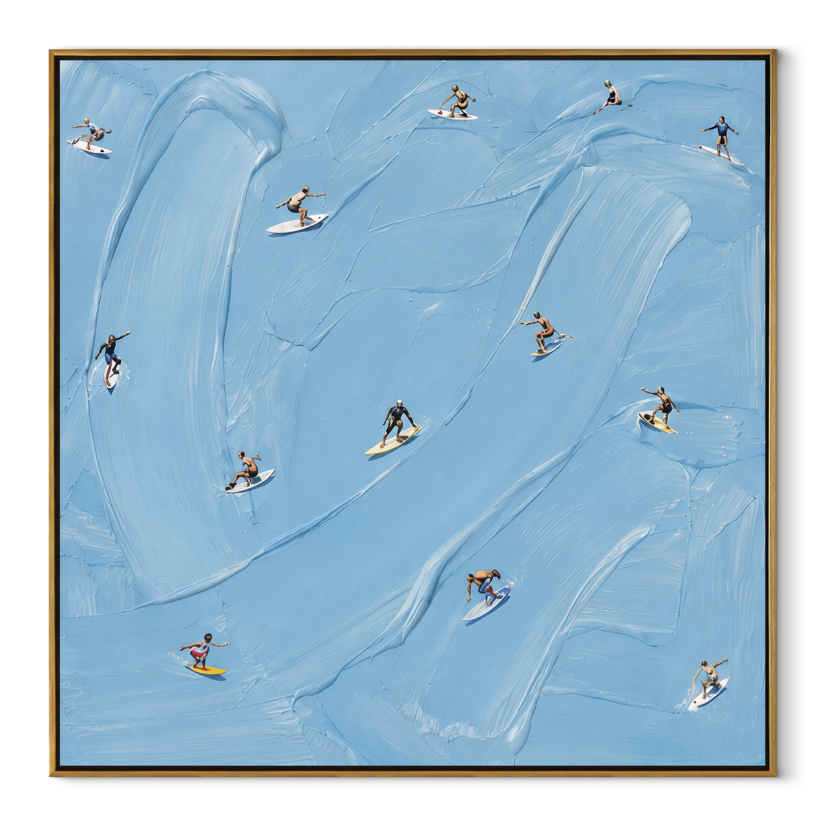 Azure Slate Swimmers Intervals Calm - textured swimmer painting in a wood frame on white