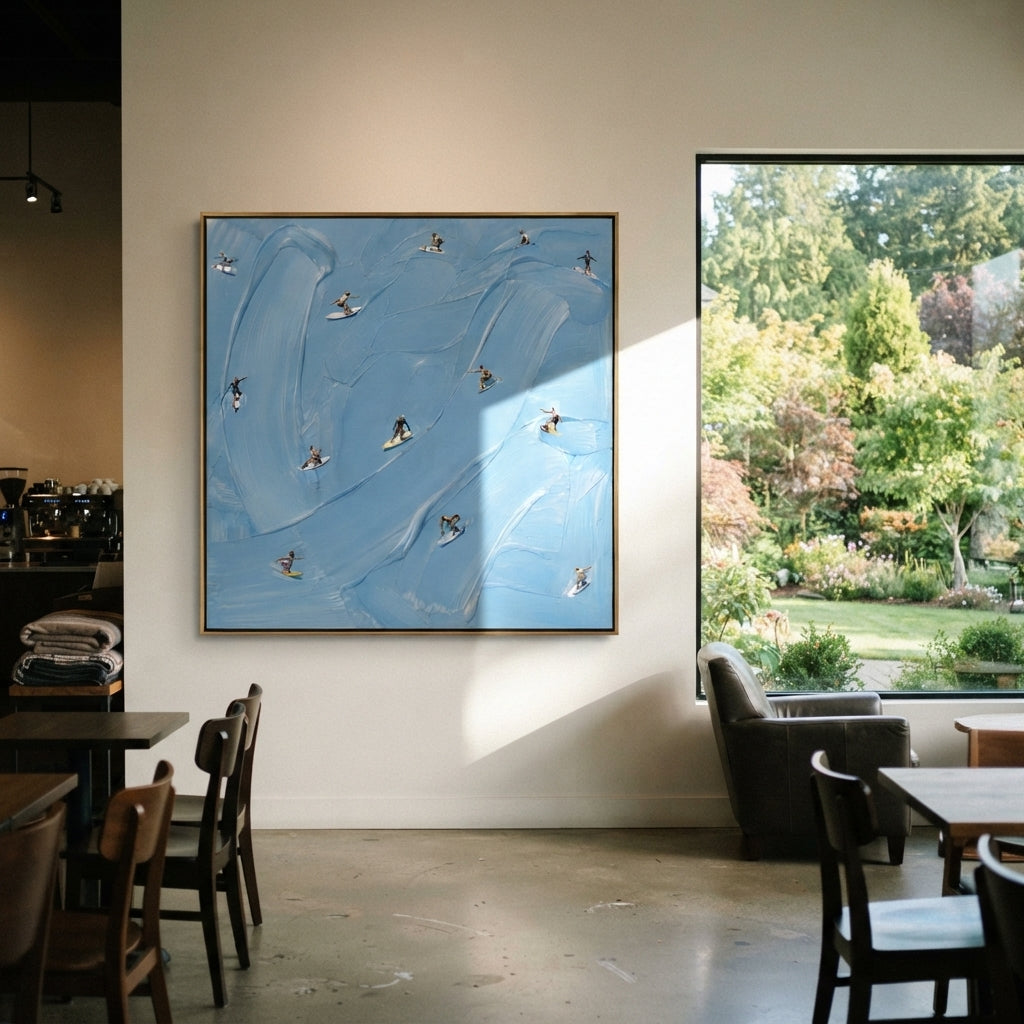 Azure Slate Swimmers Intervals Calm - textured swimmer painting shown in modern room setting 3
