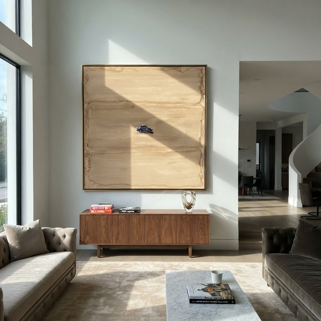 Linen Amber Road Crossing Rain - textured car painting shown in modern room setting 4