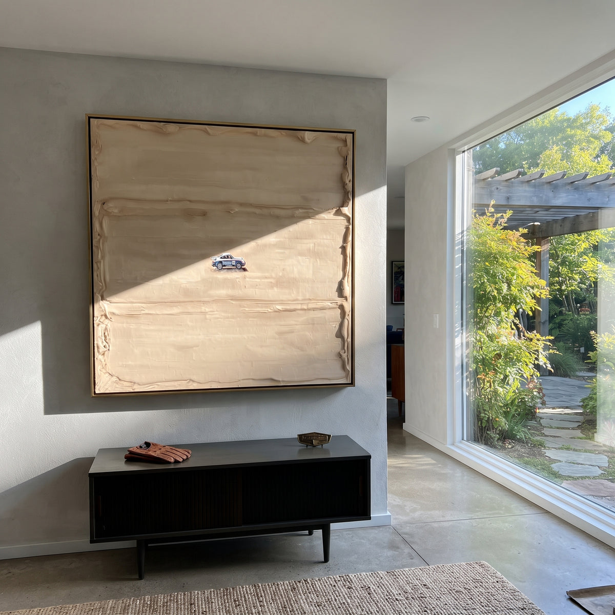 Linen Amber Road Crossing Rain - textured car painting shown in modern room setting 5