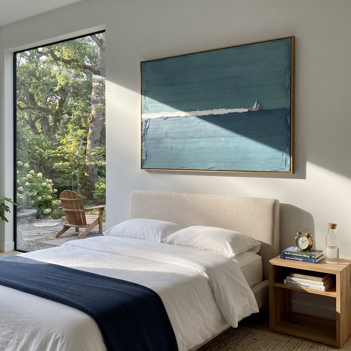 Azure Onyx Sails Echo Cadence - textured sailboat painting displayed in a styled interior