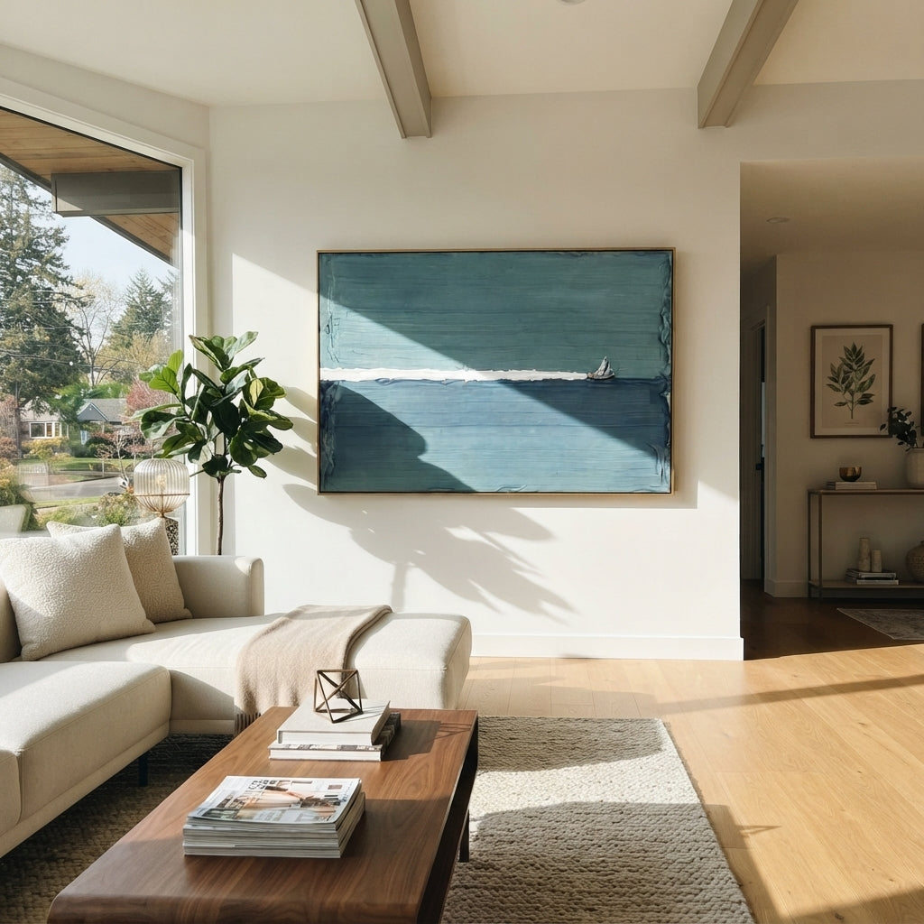 Azure Onyx Sails Echo Cadence - textured sailboat painting shown in modern room setting 3