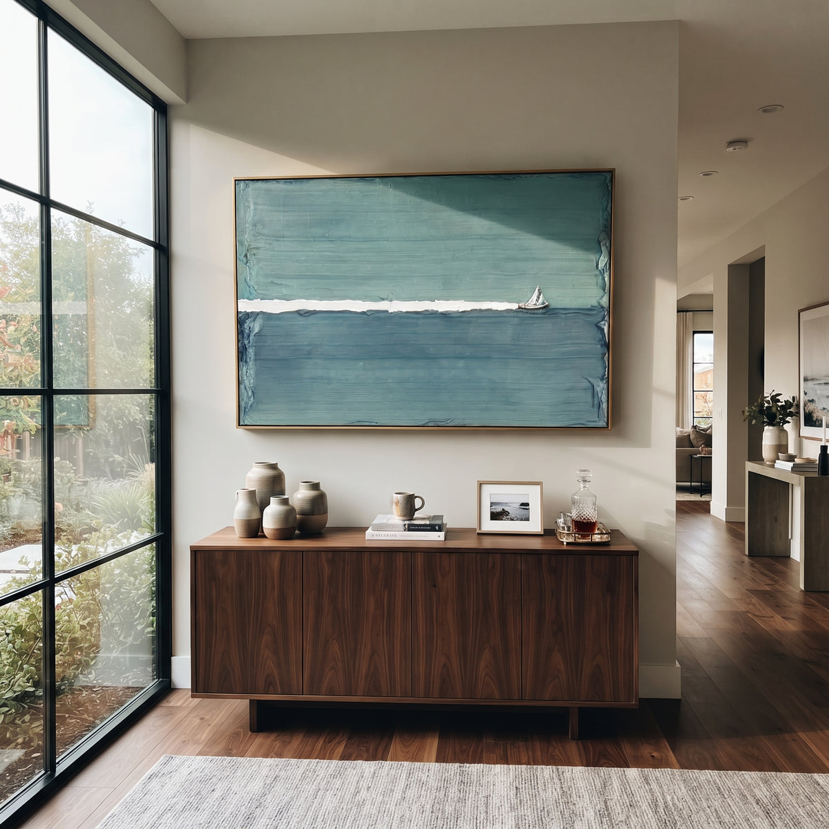 Azure Onyx Sails Echo Cadence - textured sailboat painting shown in modern room setting 4