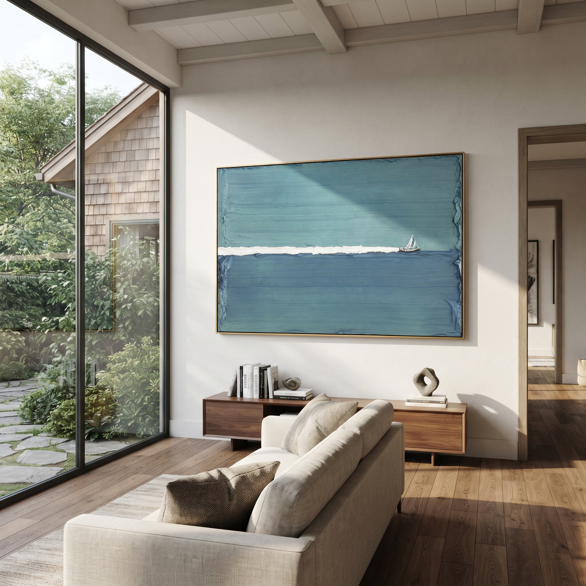Azure Onyx Sails Echo Cadence - textured sailboat painting shown in modern room setting 5