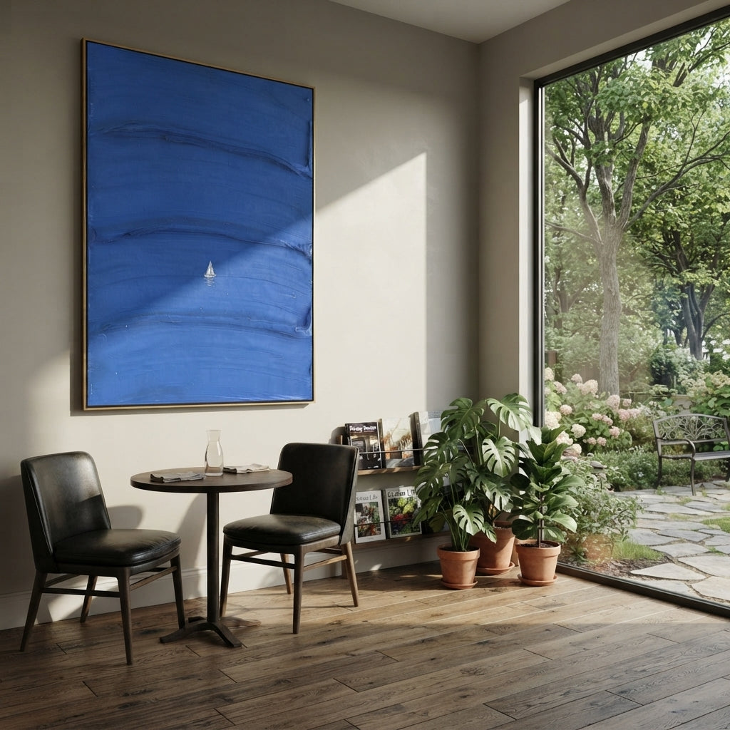 Azure Onyx Sails Rhythm Dusk - textured sailboat painting shown in modern room setting 3