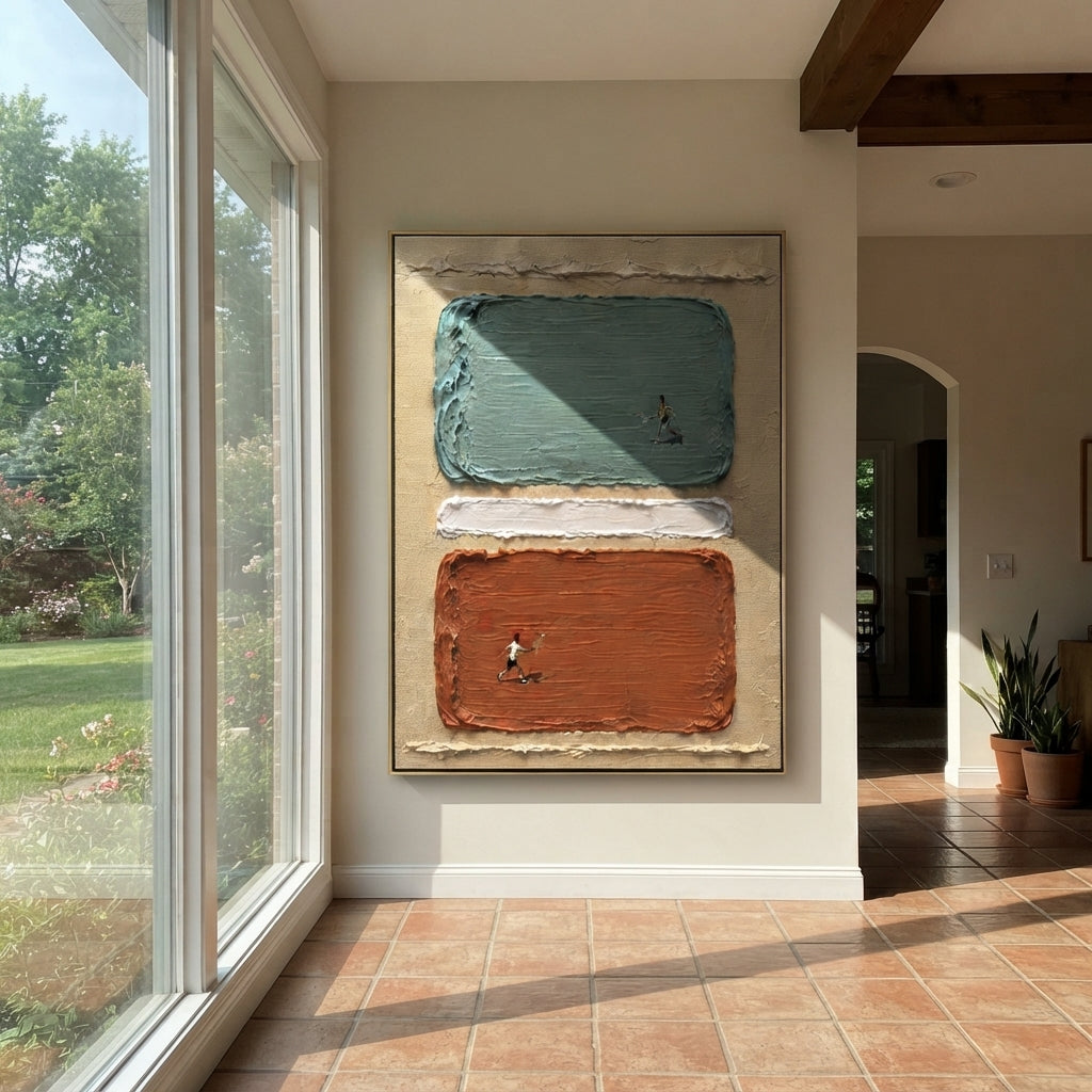 Verdant Linen Figures Strata Distance - textured figurative painting displayed in a styled interior