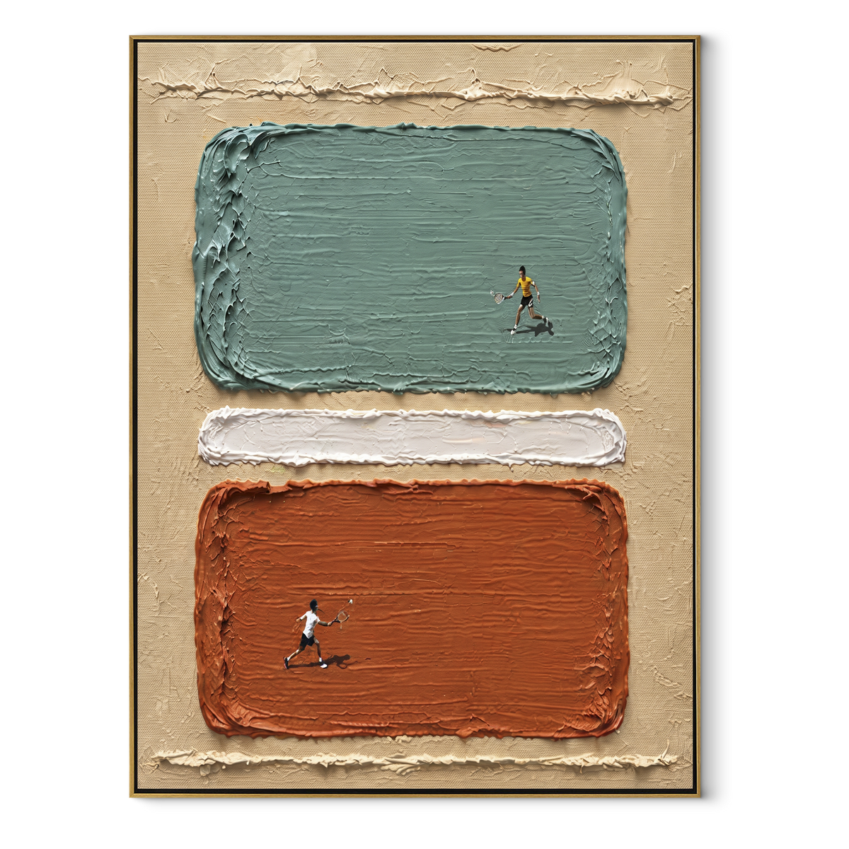 Verdant Linen Figures Strata Distance - textured figurative painting in a wood frame on white