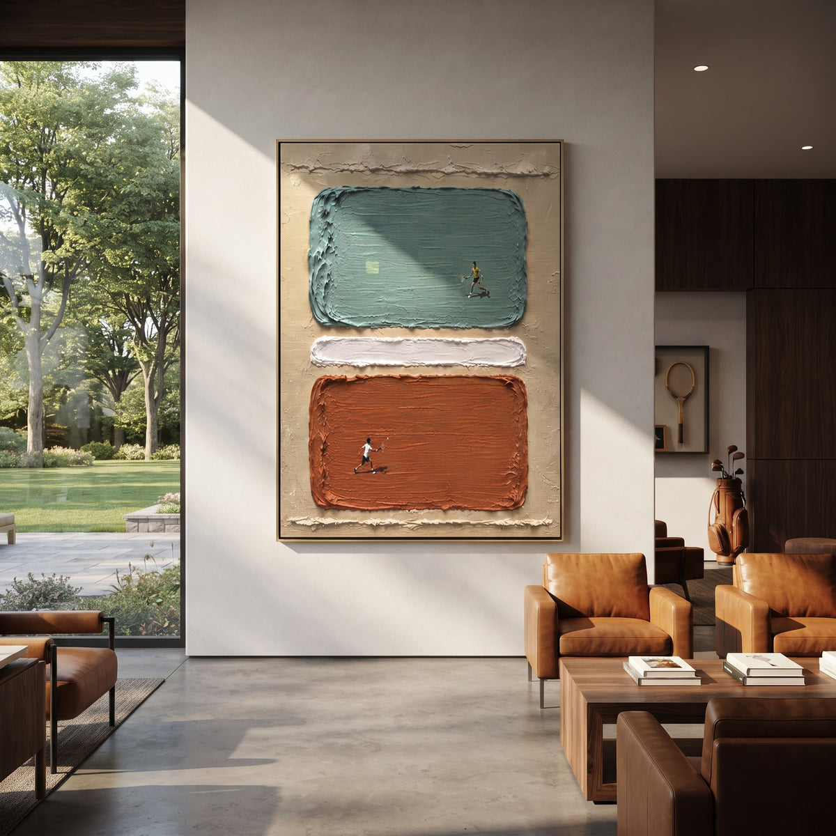 Verdant Linen Figures Strata Distance - textured figurative painting shown in modern room setting 2