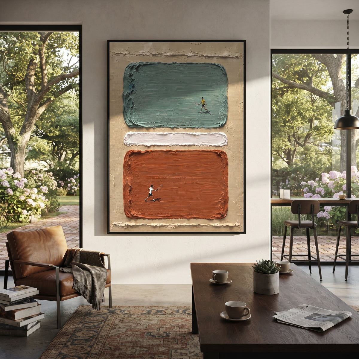 Verdant Linen Figures Strata Distance - textured figurative painting shown in modern room setting 3