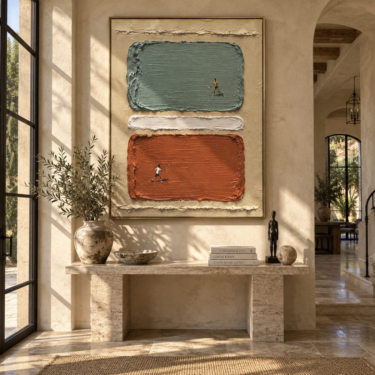 Verdant Linen Figures Strata Distance - textured figurative painting shown in modern room setting 5