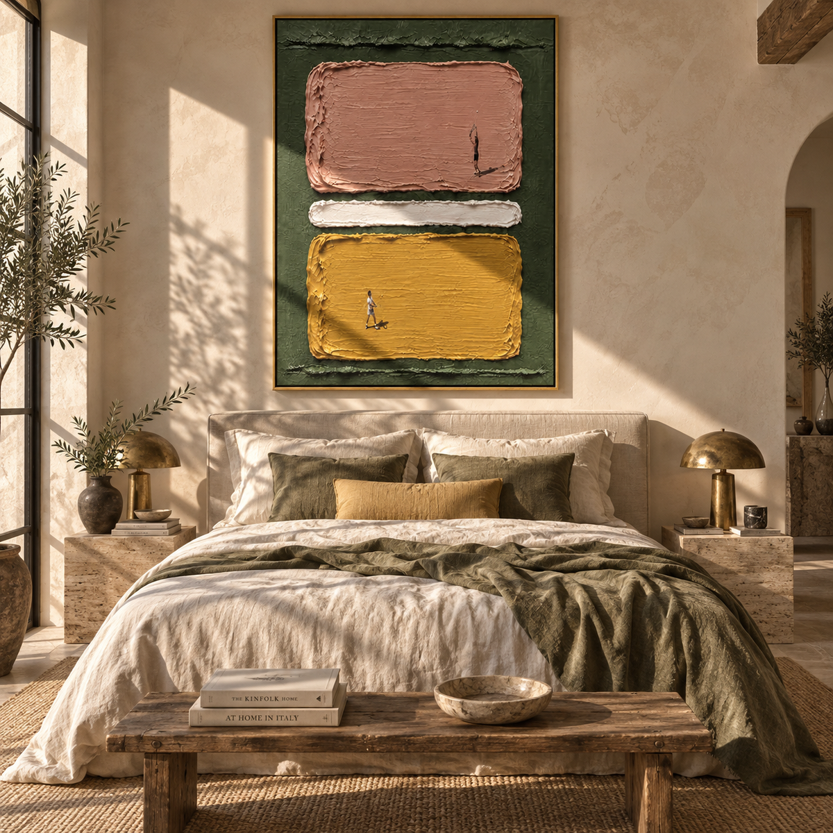 Amber Crimson Figures Terraces Light - textured figurative painting shown in modern room setting 2