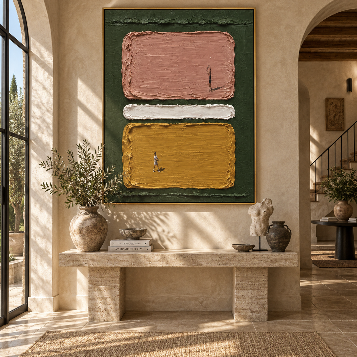 Amber Crimson Figures Terraces Light - textured figurative painting shown in modern room setting 3