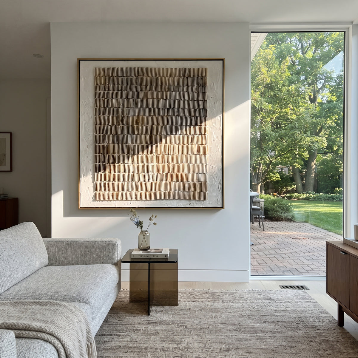 Umber Linen Slate Horizon Tension - textured abstract painting shown in modern room setting 3