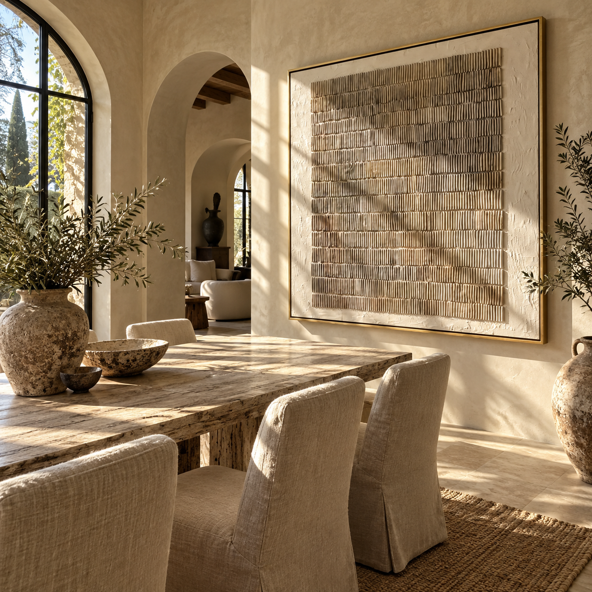 Umber Linen Slate Horizon Tension - textured abstract painting shown in modern room setting 4