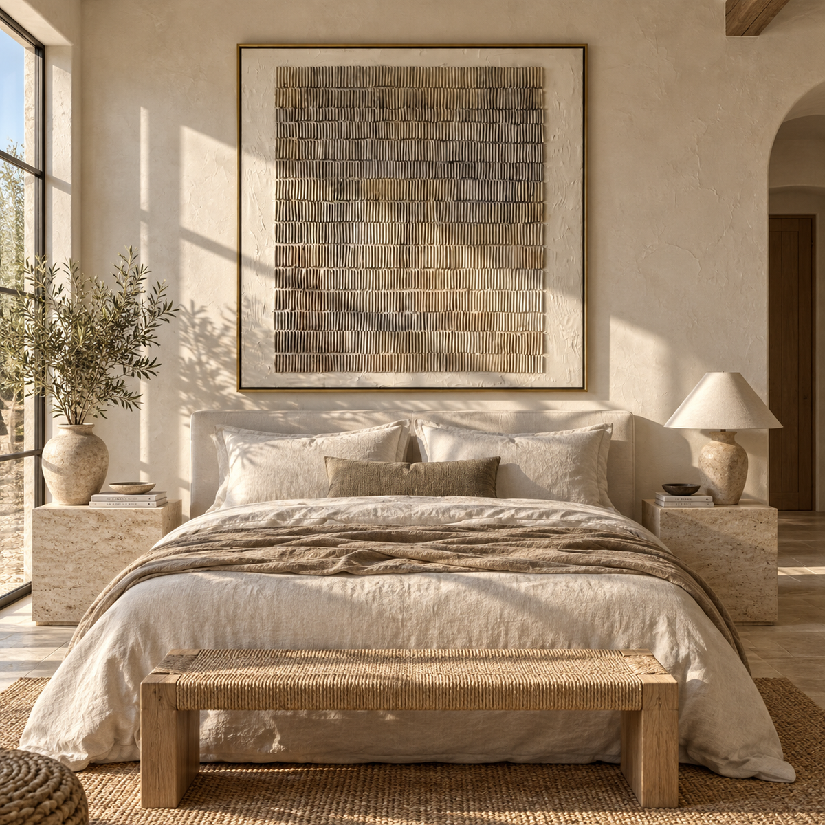 Umber Linen Slate Horizon Tension - textured abstract painting shown in modern room setting 5