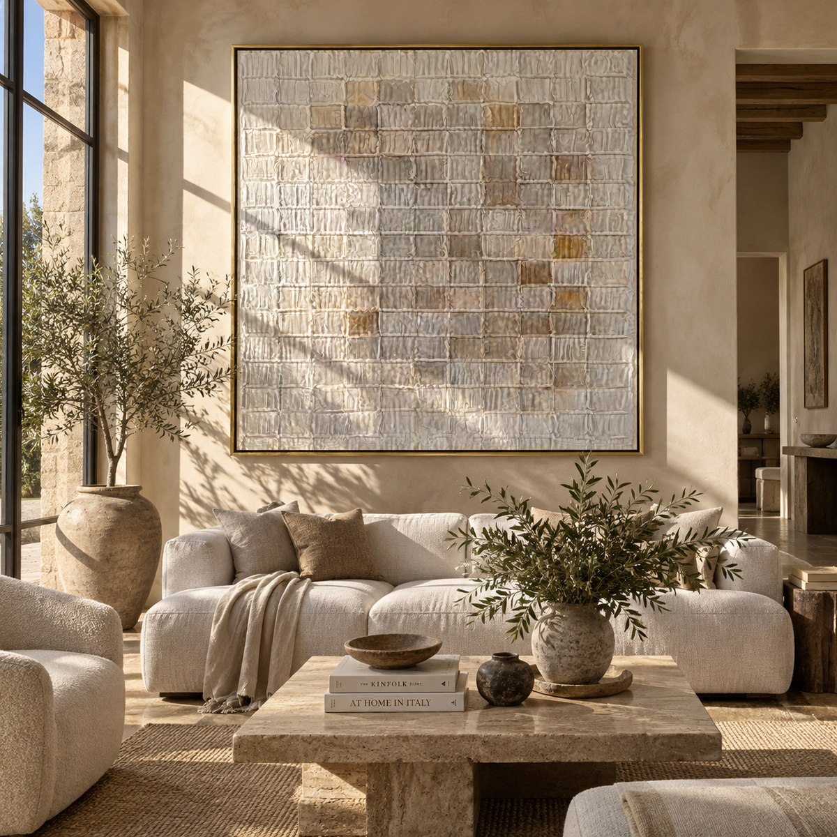 Slate Linen Umber Fragments Space - textured abstract painting shown in modern room setting 2