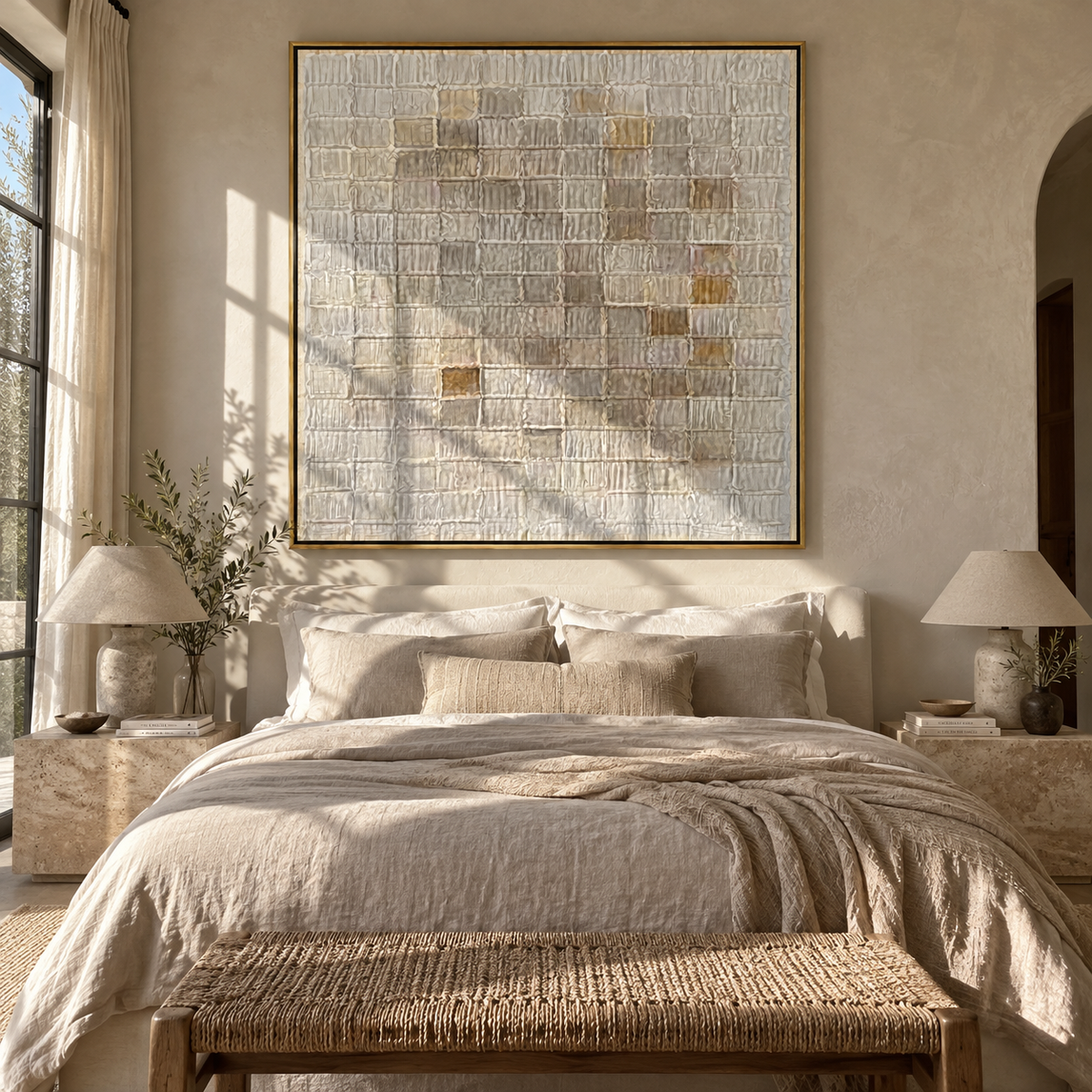 Slate Linen Umber Fragments Space - textured abstract painting shown in modern room setting 3